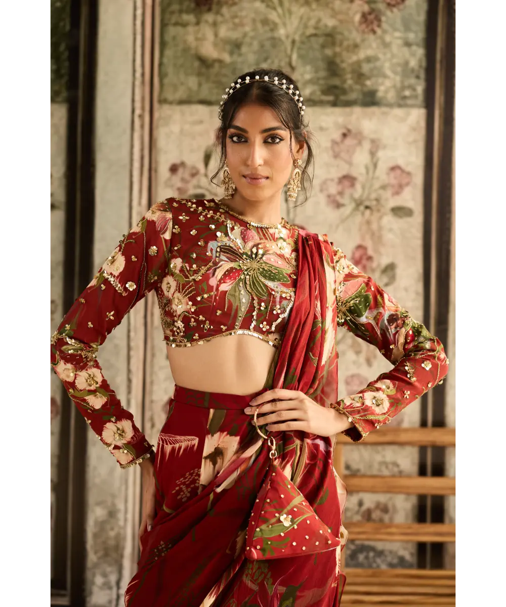 DIYARAJVVIR - Red Floral Printed Skirt Saree Set